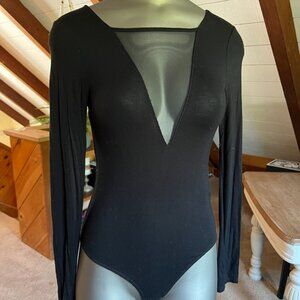 M - Forever 21 Deep Mesh V Black Long-Sleeve Bodysuit